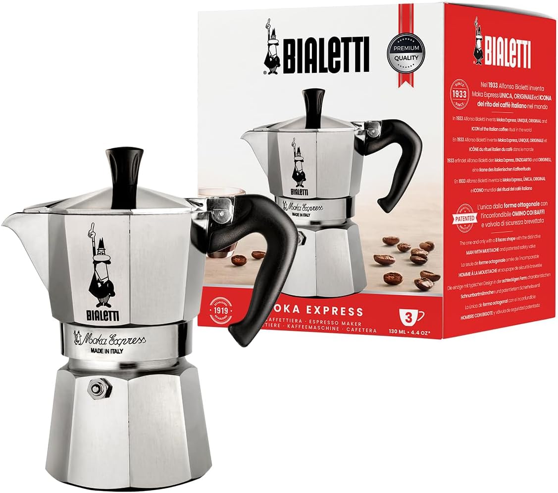 Bialetti Moka Express 3 tazas, cafetera italiana compacta de aluminio (ASIN B0000AN3QI)