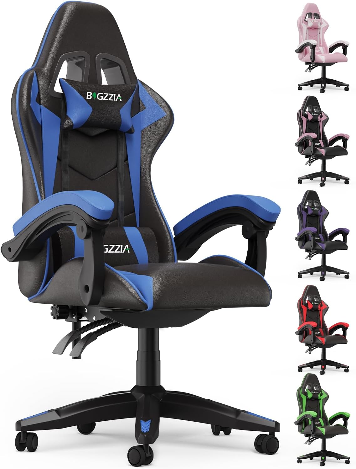 Bigzzia silla gaming de cuero PU con soporte lumbar, reposacabezas y respaldo reclinable 155°