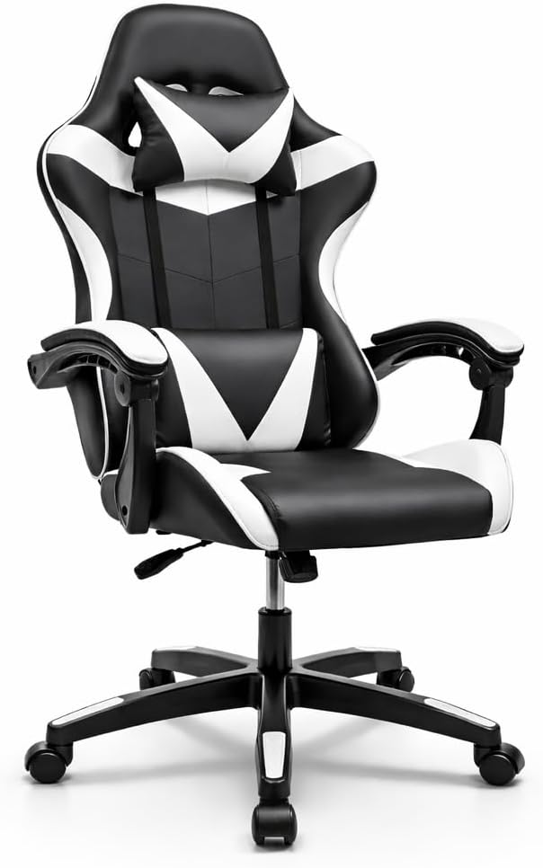 T-LOVENDO silla gaming reclinable blanca con cojín lumbar y cervical