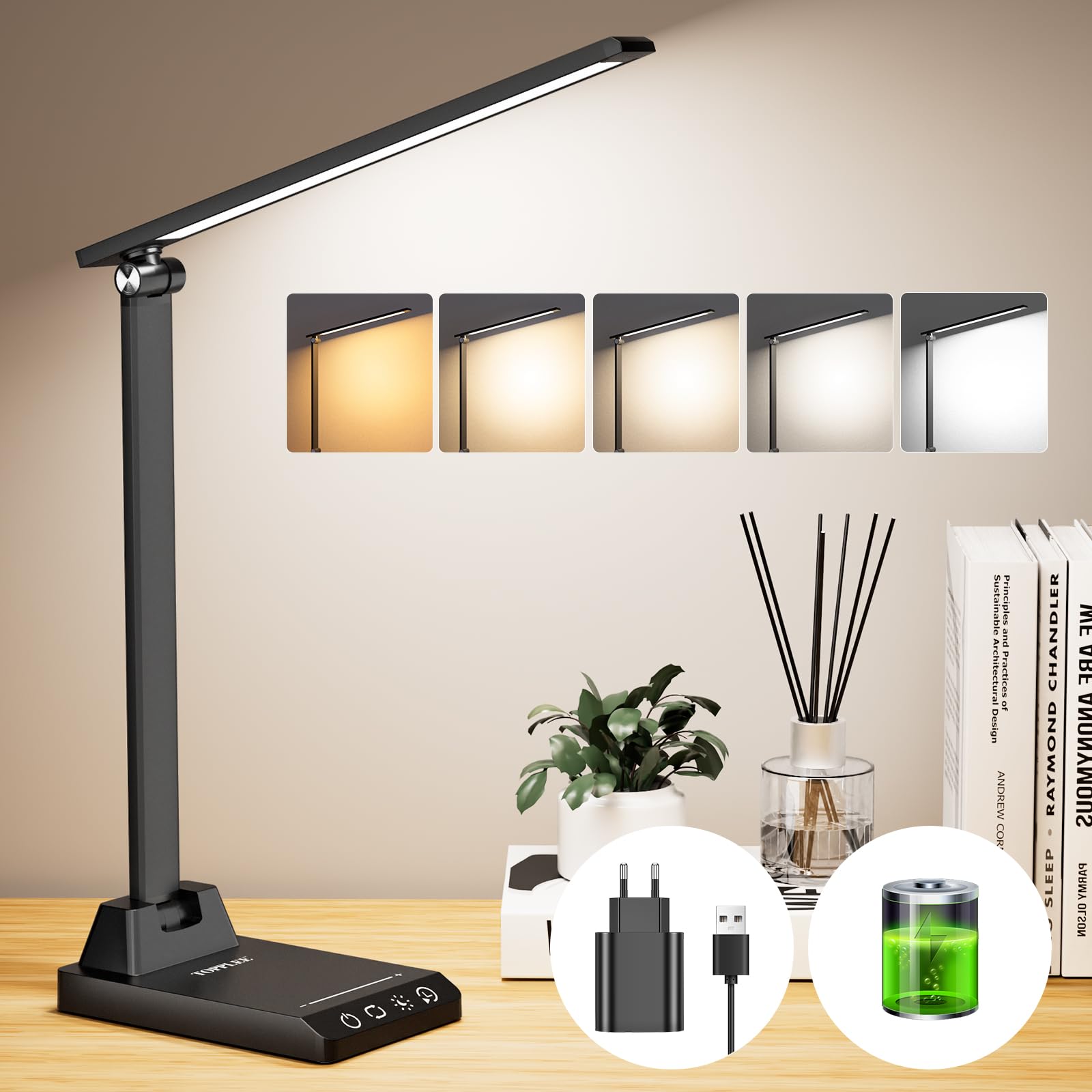 TOPPLEE Flexo LED 2500mAh lámpara de escritorio recargable